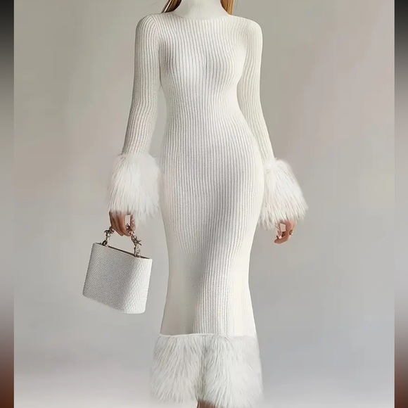 Boutique Dresses & Skirts - Elegant White Knit Dress with Faux Fur Accents